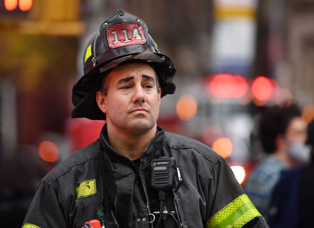 A NYFD fireman stands in front of the historic Middle Collegiate Church which was destroyed in a 6 alarm fire, in the East Village early on Saturday morning in New York City.